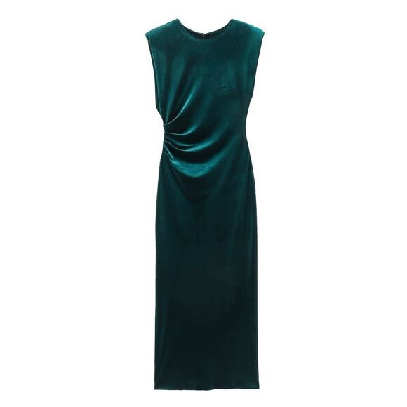 Zara Womens Green Velvet Sleeveless Draped Crewneck Slit Back Maxi Dress Size XS - Picture 1 of 8